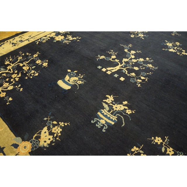 Navy Blue 1920s Large Oversized Big Antique Chinese Peking Birds Vase Floral Wool Rug For Sale - Image 8 of 9