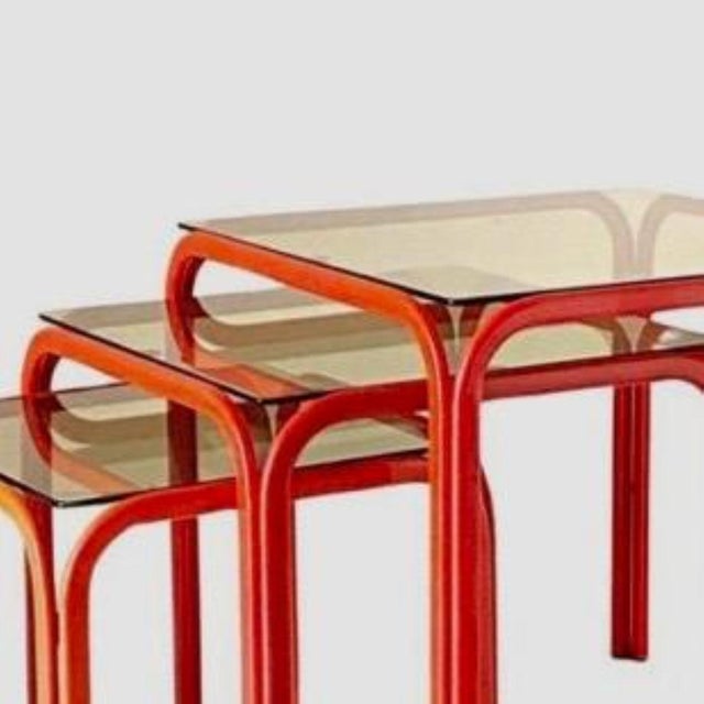 1970s Vintage Italian Nesting Tables with Red Iron Frame & Smoked Glass, 1970s, Set of 3 For Sale - Image 5 of 10