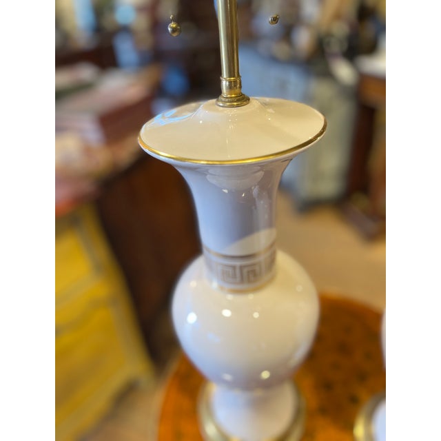 Mid 20th Century Pair of Midcentury Porcelain Lamps Greek Key Detail For Sale - Image 5 of 6