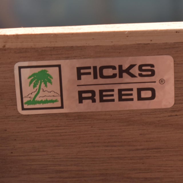 Wood Late 20th Century Pair of Ficks Reeds Fretwork Oval Rattan Nightstands For Sale - Image 7 of 7