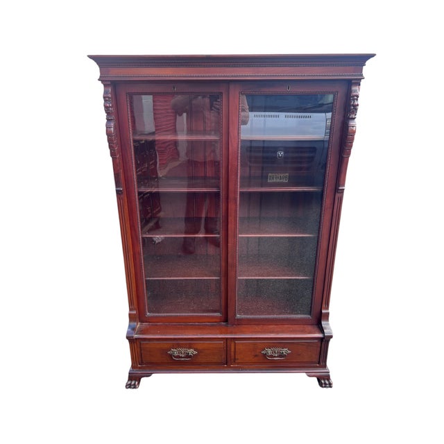19th Century Victorian Mahogany Bookcase With Sliding Glass Doors & Carved Lion Heads Impressive 19th-century Victorian...