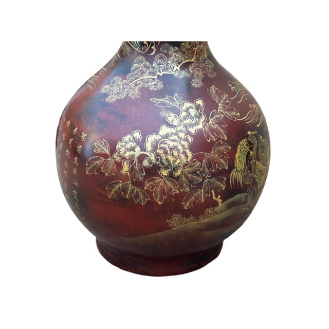 Wood Chinese Brown Lacquer Golden Scenery Decorative Wood Vase Art For Sale - Image 7 of 18