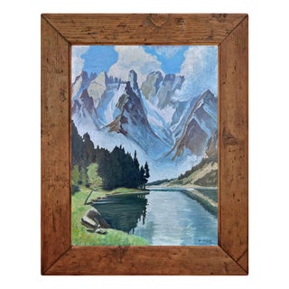 Mount Cristallo and Landro Lake, Oil Painting, 1950s For Sale