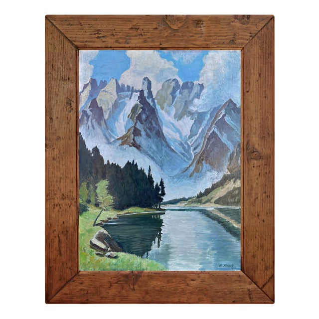 Mount Cristallo and Landro Lake, Oil Painting, 1950s For Sale