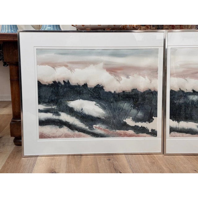 Pair of watercolors, Waves, framed, by Nancy Tuttle May, NC. Watercolor on paper, 1985, each signed and dated at lower...