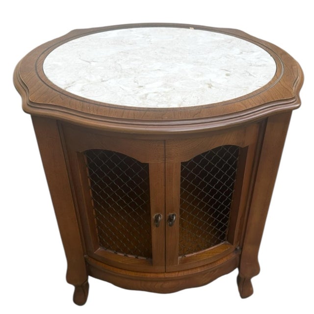 Wood 1950s Set of Walnut French Provincial Round Cabinets With Inlaid Marble Tops For Sale - Image 7 of 11