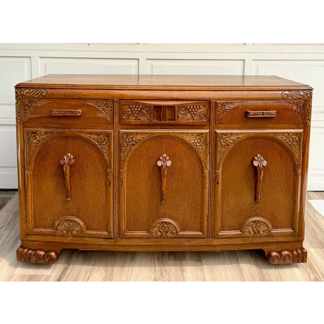 1920s Art Deco Carved Oak Sideboard Cabinet With Removable Gallery Top For Sale - Image 15 of 18