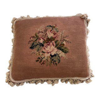Vintage Needlepoint Pillow in Rose For Sale