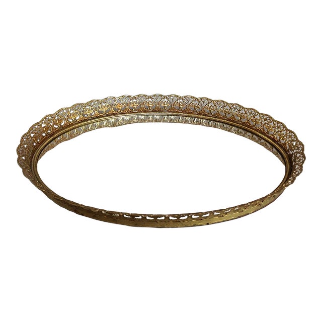 Vintage Hollywood Regency Brass Filigree Oval Mirrored Vanity Tray, C. 1950s For Sale