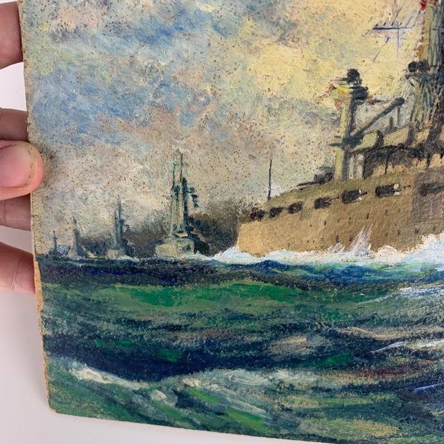 Fantastic vintage oil painting of war ship, tall ship on board. Amazing details and brush strokes. Back signed JB Hunter....