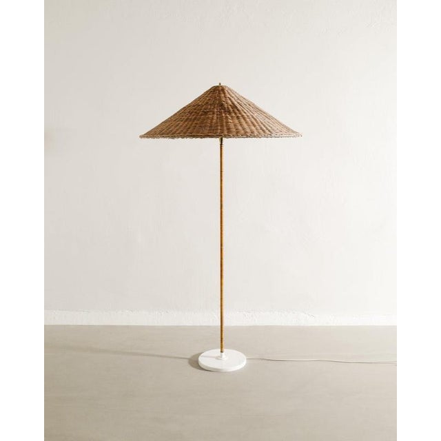 Finnish Mid-Century Floor Lamp in Brass & Rattan Attributed to Paavo Tynell Produced by Itsu Finland, 1940s For Sale - Image 9 of 9