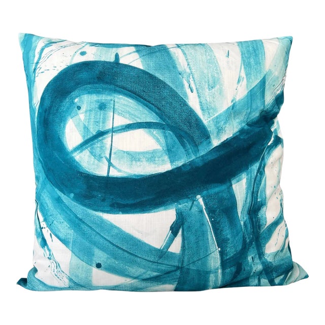 Contemporary Abstract Teal Blue Painting Pillow Cover For Sale