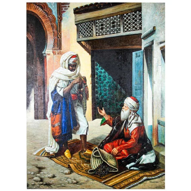 Moroccan Orientalist Oil on Canvas Painting Moroccan Market 19th Scene For Sale - Image 11 of 11