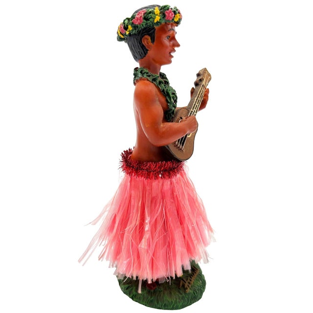 1980s Ceramic Hawaii Hula Man Ukulele Player With Headdress Bobble Doll For Sale - Image 4 of 9