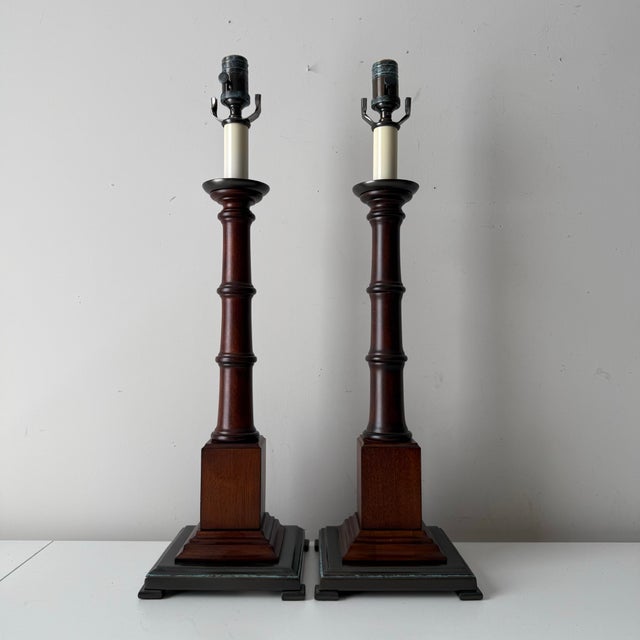 Wood Colonial Mahogany Table Lamps; A Pair For Sale - Image 7 of 10