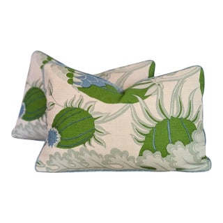 Christopher Farr Cloth Carnival Print Linen 14x20" Lumbars in Blue & Green With Blue Cord - Pair For Sale