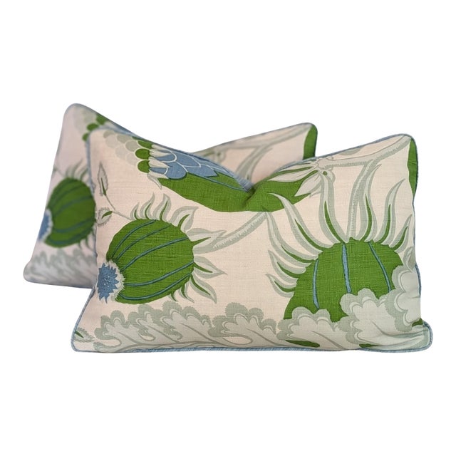 Christopher Farr Cloth Carnival Print Linen 14x20" Lumbars in Blue & Green With Blue Cord - Pair For Sale
