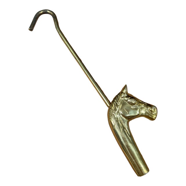 1980s Vintage Brass Horse Head Fireplace Chimney Flue Damper Hook For Sale