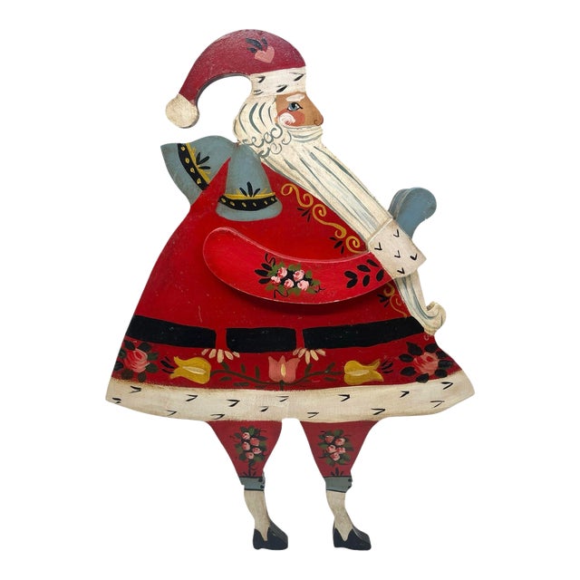 Vintage Hand Painted Folk Art Wooden Santa For Sale