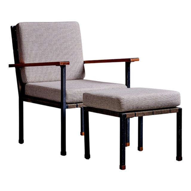 Set of Armchair and Ottoman with Walnut Armrests attributed to Carl Auböck, 1950s For Sale