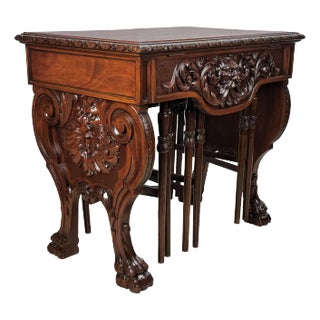 Antique Renaissance Revival Mahogany Northwind Library Table W/ Cocktail Tables For Sale