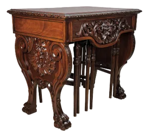 Antique Renaissance Revival Mahogany Northwind Library Table W/ Cocktail Tables