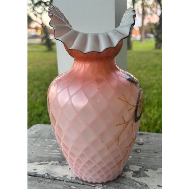 Late 19th Century Late 19th Century Bohemian Victorian Harrach Pink/White Cased Glass Quilted Diamond Pattern Hand-Painted Floral/Butterfly Motifs Bulbous Fan Vase For Sale - Image 5 of 8