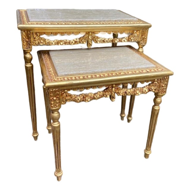 Late 20thC French Louis XVI Gold Beech Marble Nesting Tables - Pair For Sale