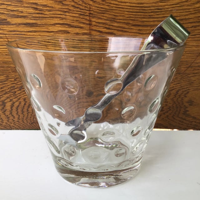 Set of Hazel Atlas Clear Dots cocktail glasses and matching ice bucket with tongs. The tumblers measurements are 2 7/8...