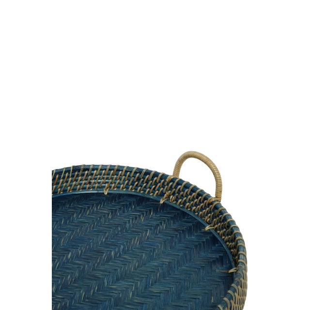 Indian Navy Blue Round Rattan Tray, Small For Sale - Image 3 of 4