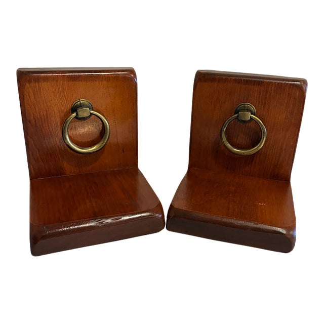 Vintage Wood Bookends With Brass Ring Pull Hardware, Pair For Sale