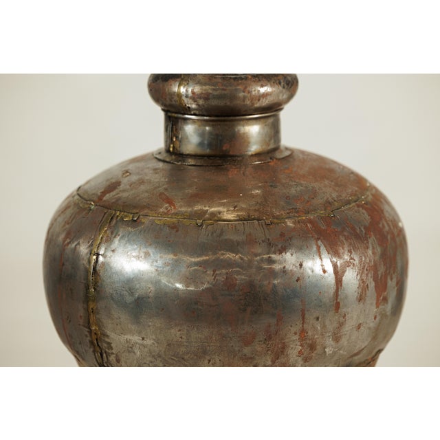 Vintage Indian Handcrafted Metal Water Vessel with Wooden Stopper For Sale - Image 4 of 18