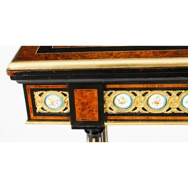 Antique 19th Century Amboyna Card Console Tables with Porcelain Plaques, Set of 2 For Sale - Image 5 of 18
