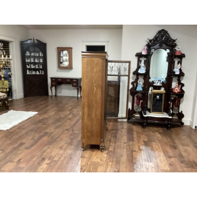 Art Deco Arts & Craft Antique Oak Bookcase Double Doors Lead-Glass Tulips Claw Feet on Rollers For Sale - Image 3 of 12