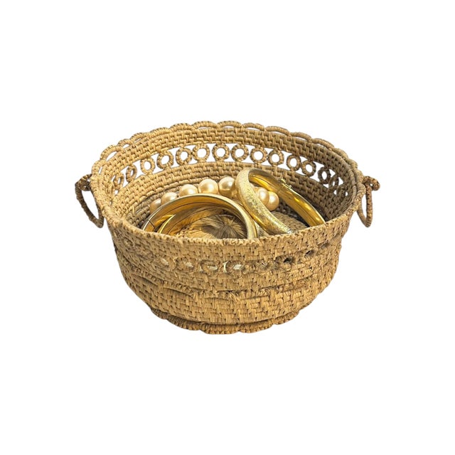 French Provincial Antique French Provincial Handwoven Coiled Rope Basket With Ring Handles For Sale - Image 3 of 18