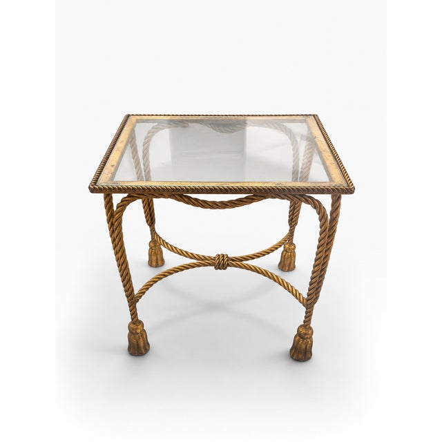Late 20th Century Vintage Hollywood Regency Gilt Rope & Tassel Glass Drinks Table For Sale - Image 5 of 10
