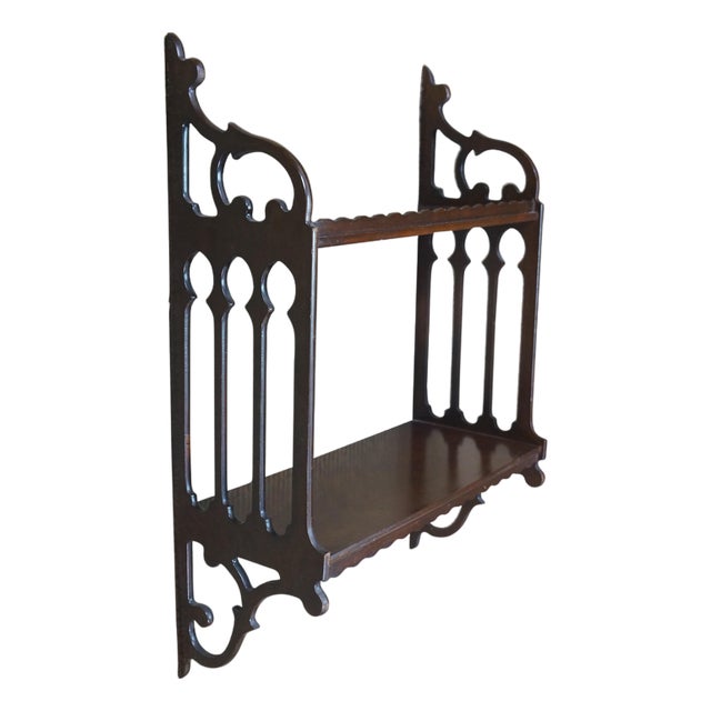 Chinese Chippendale Mahogany Fretwork Hanging Trinket Curio Display Shelf 24" For Sale