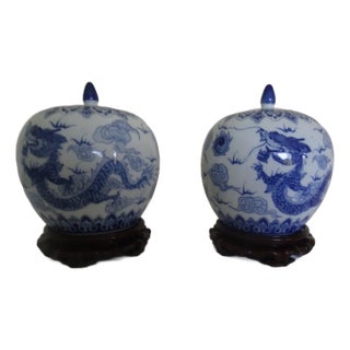 Vintage Chinese Ginger Jars With Carved Stands- Set of 2 For Sale