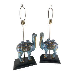 Early 20th Century Pair of Chinese Chinoiserie Cloisonne Camel Table Lamps
