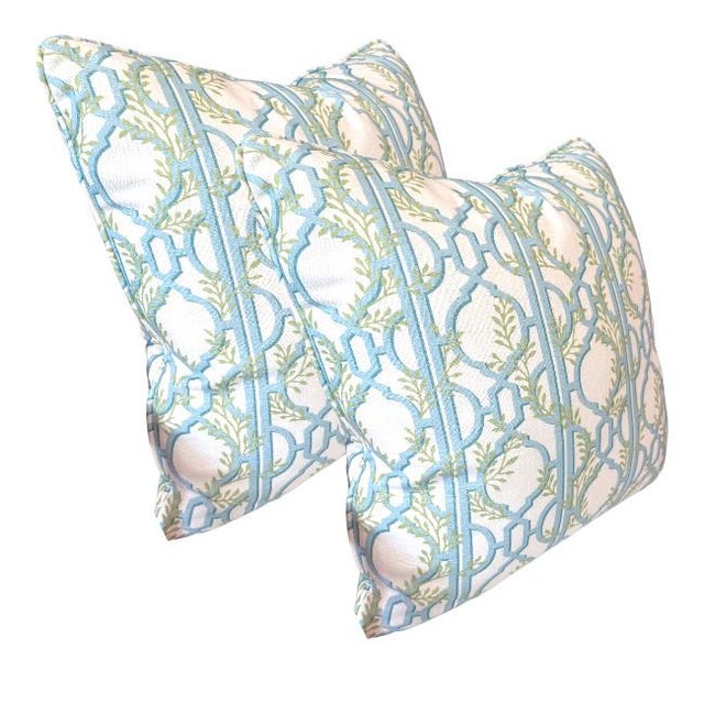 2020s Pair of 24'' Lilian August Blue&Green Trelis Pillows For Sale - Image 5 of 5