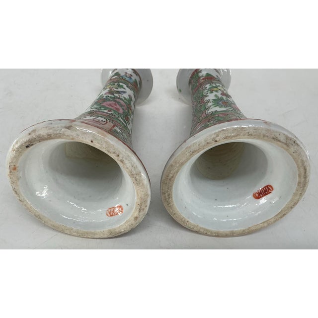 Pair of Antique Chinese Rose Medallion Porcelain Candlesticks For Sale - Image 12 of 12