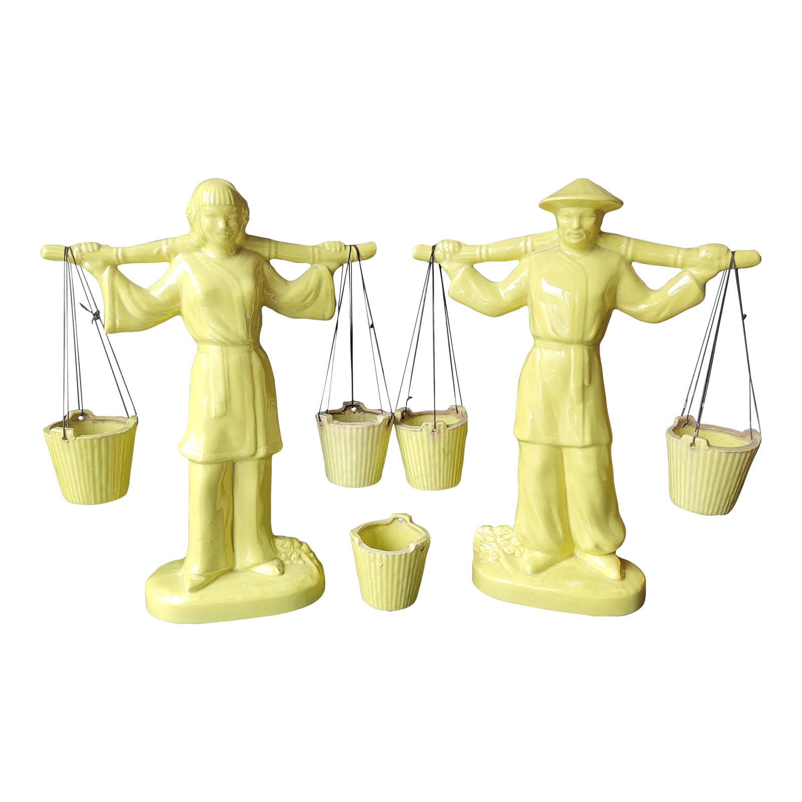 Large Vintage Gonder Pottery Asian Man and Woman Carrying Water Buckets