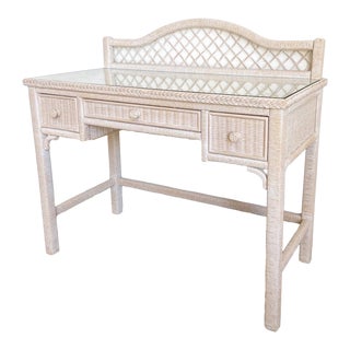 Boho Chic Rattan and Wicker Glass Top Writing Desk by Henry Link For Sale