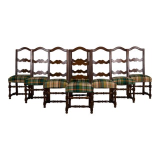 Antique French Louis XIII Style Oak Ladder Back Dining Chairs W/ Plaid Fabric - Set of 8 For Sale