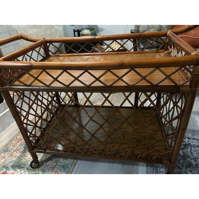 Wood Vintage Bar Cart With Diamond Weave and Brass Casters For Sale - Image 7 of 9