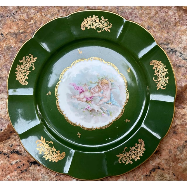 Vintage French Hand Painted Cherubs Gold Gilt Green Porcelain Decorative Plate. Rare find, Vintage Couleuvre Ligne Limoise...