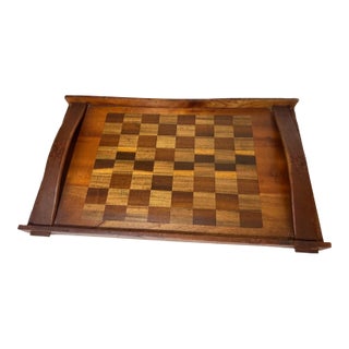 Antique Hand Carved Wooden Gaming Chess Checker Board Game Serving Butlers Tray For Sale