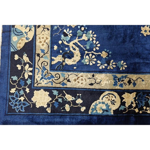 Textile 1920s Blue Scene Animals Deco Antique Peking Chinese Knotted Wool 9'x 11' 4" Rug For Sale - Image 7 of 10