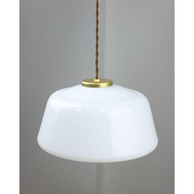 Metal Mid-Century Modern Italian Brass and Opaline Glass Pendant Lamp For Sale - Image 7 of 16