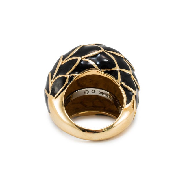 Metal Vintage David Webb Leaf Motif 18k Yellow Gold Black Enamel Dome Cocktail Ring, Size 5.5 For Sale - Image 7 of 9